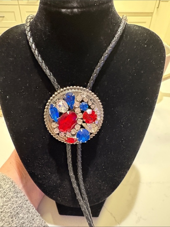 Jewelry - Crystal Bolo Tie Necklace with Red and Blue Gemstones